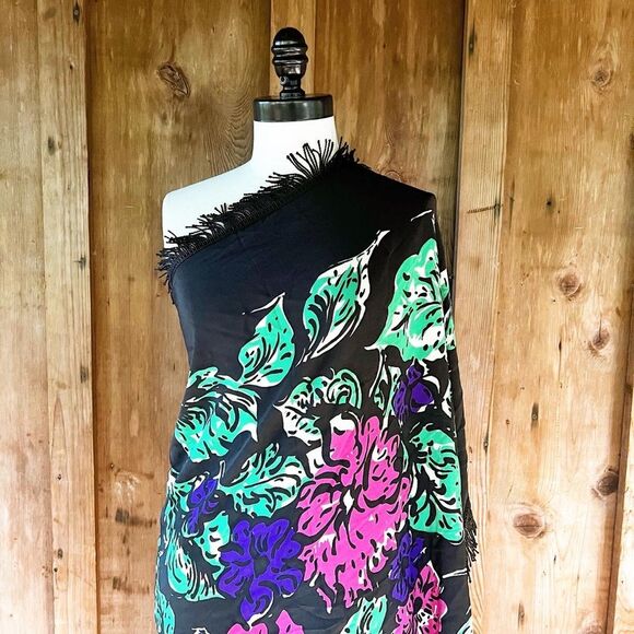 OVERSIZED TASSELED & FRINGED 40’s 40s Black Rayon Crepe Floral Piano Shawl Wrap - Picture 4 of 10